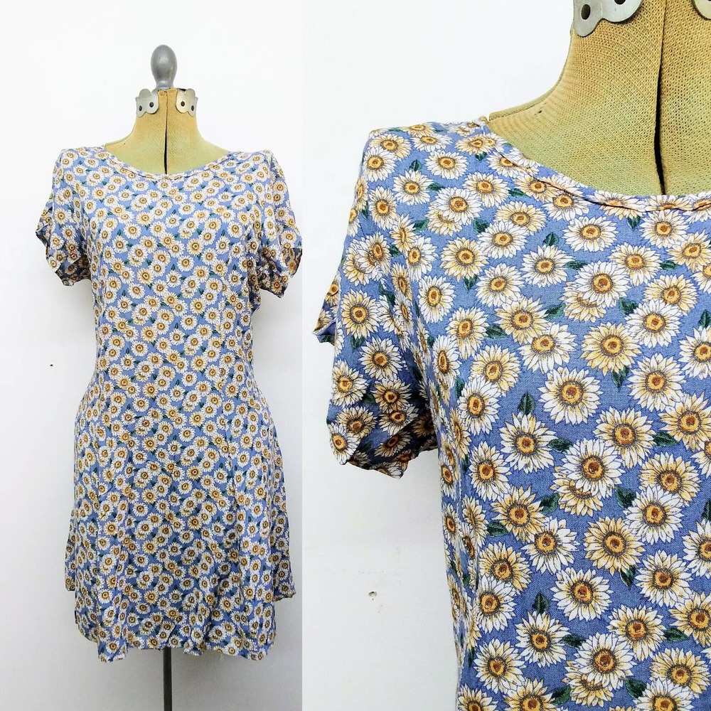 Vintage 90s Sunflowers Print Mini Dress Floral Rayon Sundress Large